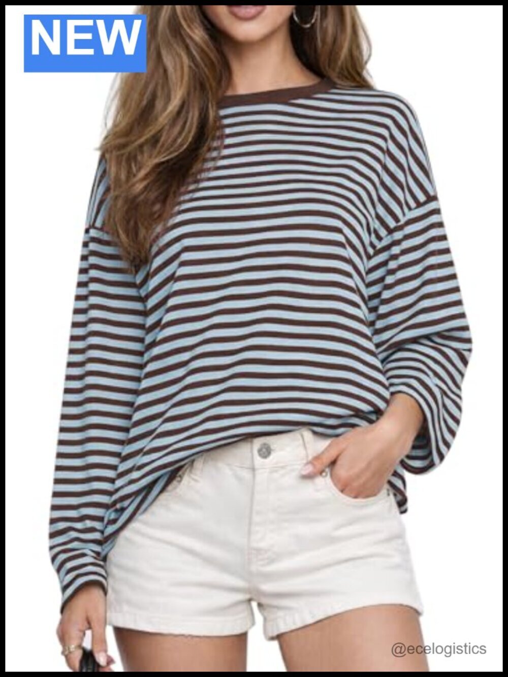 Oversized Striped Long Sleeve T-Shirt Crewneck Casual Fall Spring Top